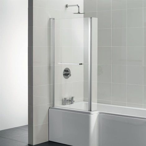 Ideal Standard Tempo L-Shaped Cube Bath Screen with Hinged End Panel and Towel Rail 1400mm H x 830mm W - 5mm Glass (1/4)