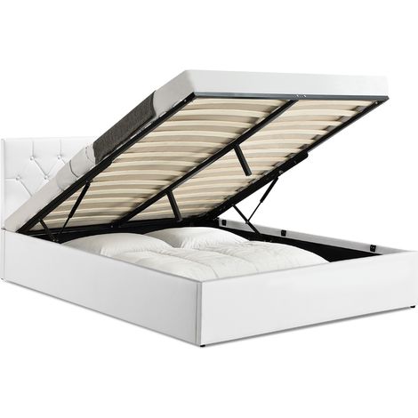 Idmarket – Lit coffre double 160 x 200 cm – Tête de lit capitonnée – Sommier à lattes en bois – Rangement intégré – PVC blanc (1/5)