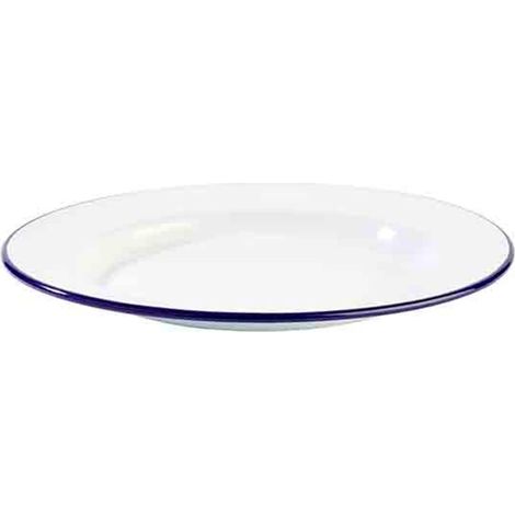 Assiette ENAMELWARE Ø 20 cm hauteur 2 cm tôle d'acier émaillée blanche avec bord bleu (1/5)