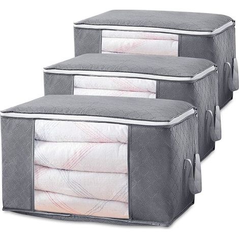 Lot de 3 sacs de rangement (gris), cartons de déménagement pliables, avec poignées renforcées (1/5)