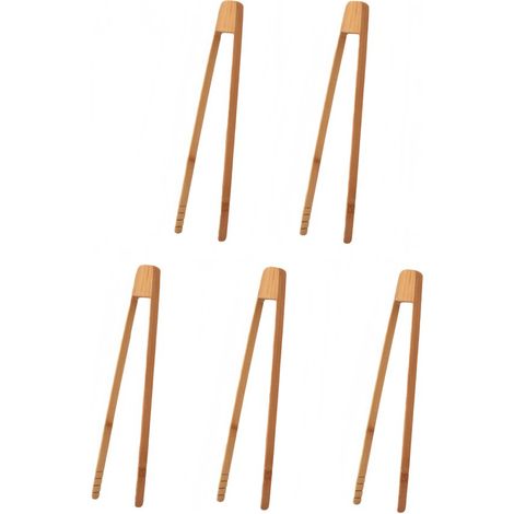 Lot de 5 pinces de cuisine en bambou 30 x 7,5 x 1,5 cm pour saisir et servir pain grillé bacon viande rôtie et autres aliments couleur bois naturel (1/5)