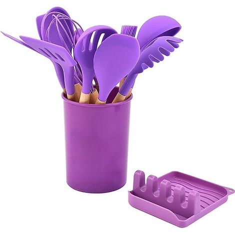 Ensemble de 13 pièces comprenant une spatule, une cuillère à soupe, une brosse et un grattoir en silicone avec manche en bois, ainsi qu'un seau de rangement antiadhésif. Couleur : violet. (1/5)