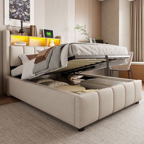 DESVIAE Lit capitonné avec rangement et LED 90 x 200 cm beige ports USB et USB C tête de lit avec étagères coffre hydraulique structure en métal (1/5)