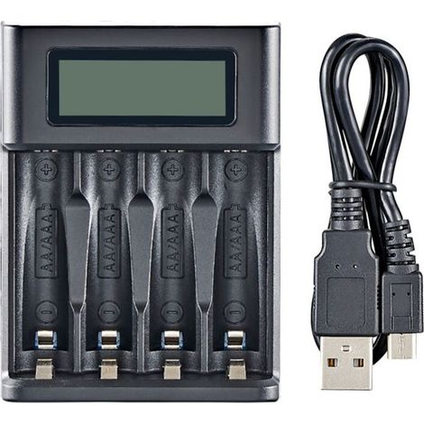 Akkuladegerät mit LCD-Bildschirm, intelligentes 4-Steckplatz-USB-Ladegerät für 4 AA- oder AAA-Batterien (1/2)