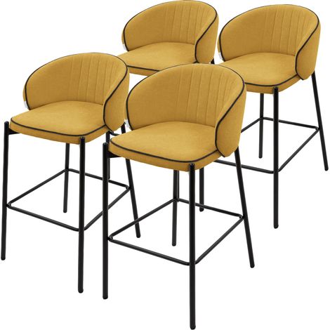 ML-Design 4x Taburetes de Bar Mostaza con Tapizado de Tela 76cm de Altura Sillas con Estructura Metálica, Asientos de Cocina con Respaldo y Reposapíes, Sillones de barra, Mueble de Mostrador de Bistro (1/5)