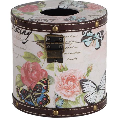 Boîte à mouchoirs en bois PU imprimée style rétro vintage, motif papillon et rose, pour la maison ou le bureau. Motif papillon et (1/5)