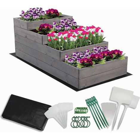 MODO24 Carré potager surélevé en bois, 4 niveaux en cascade, 45x60x120 cm, jardin/terrasse, kit jardinier inclus, gris imprégné