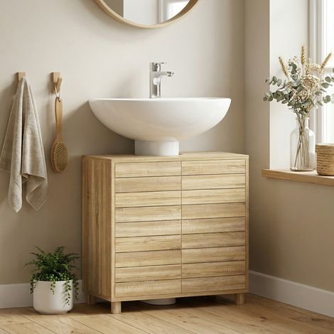 Meuble Sous Lavabo Salle de Bain  Découpe Forme U + Portes Lattes + Étagère Réglable + Ouverture par Pression  60x30x60 cm  Naturel