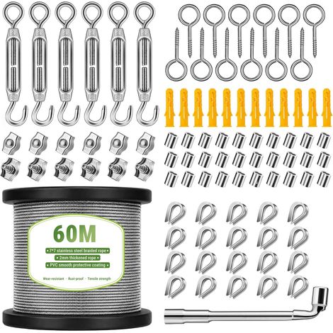 94PCS Cable Acier 2mm, 60M Tendeur Cable Inox Fil de Jardin Serrage (1/5)