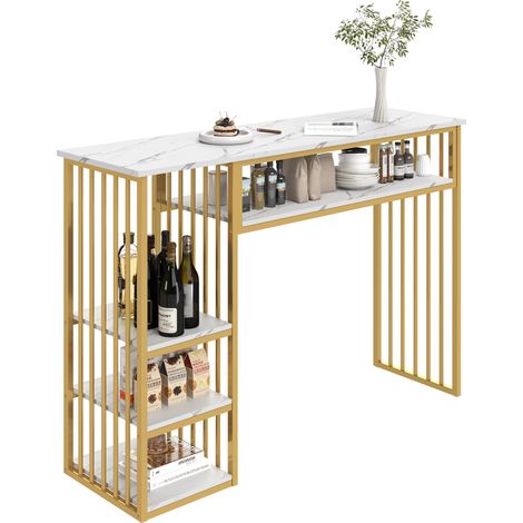 Table de bar avec rangement, plateau MDF effet marbre, 3 étagères ouvertes et structure métal doré, idéale cuisine, salle à manger et petit espace  CHICFURN (1/5)
