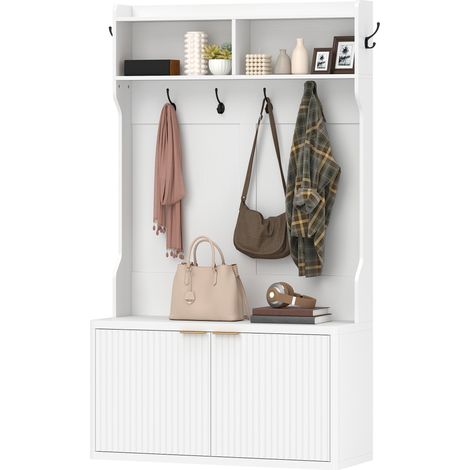 Porte-manteau et rangement à chaussures 4 en 1, porte-manteau moderne avec étagère ouverte pour couloir, entrée, chambre, 100 x 38 x 172 cm, blanc (1/5)