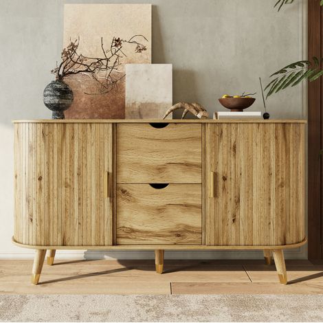 Aparador de MDF color madera con vetas verticales, 2 puertas correderas y 2 cajones (1/5)