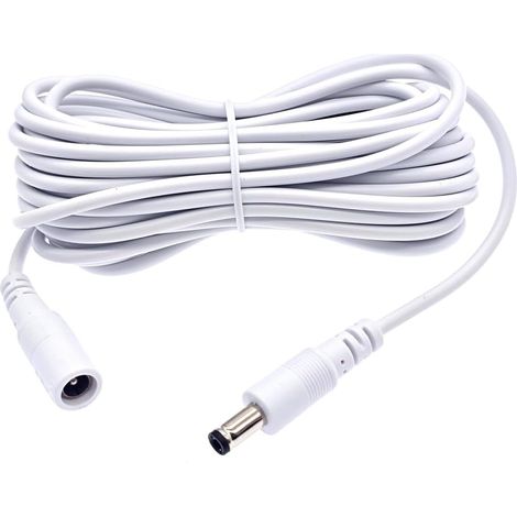 Câble d'extension d'alimentation CC Blanc 5 m, connecteurs 5,5 mm x 2,1 mm, Adaptateur Secteur mâle-Femelle pour caméras vidéosurveillance, enregistreurs numériques, routeurs, Rubans LED (1/5)