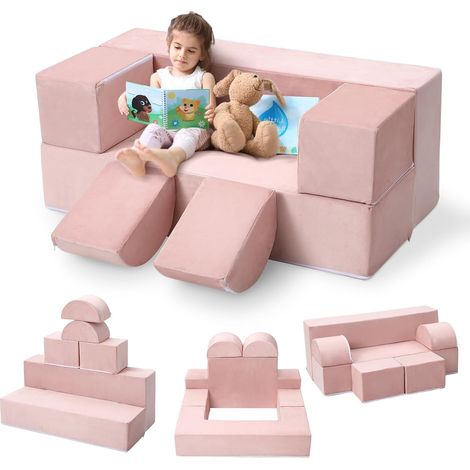 Canapé de jeu modulaire pour enfant 6 pièces, housse amovible, mousse, rose, pour chambre et salle de jeux (1/4)
