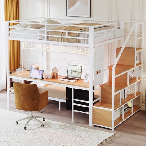 letto salvaspazio 140x200 scrivania LED bianco moderno OKMYHOME (1/5)
