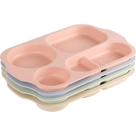 Ensemble de 4 assiettes compartimentées à 5 compartiments en plastique avec couverts pour adultes et enfants, compatible micro-ondes. (1/4)