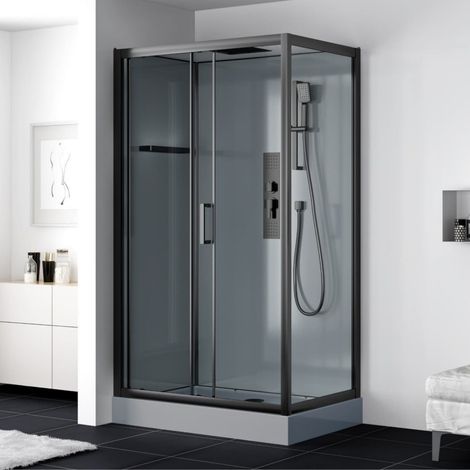 Pack Douche complet 120 × 80 cm – Cabine de douche avec receveur et douche de tête, noir mat (SATBOX12080CT) (1/5)