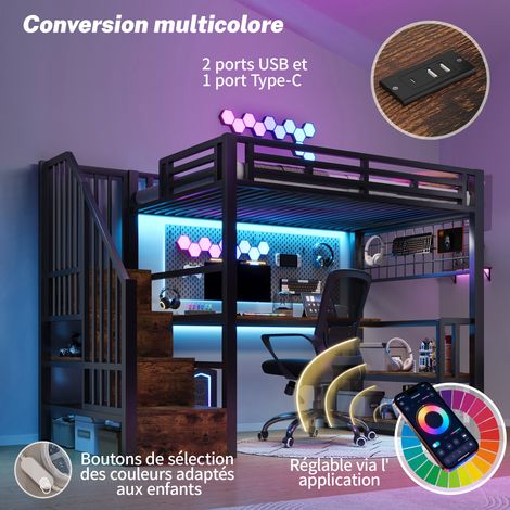 Lit mezzanine 90x200 cm, cadre en acier robuste, rangements intégrés, penderie, éclairage LED, bureau, échelle avec tiroirs, 2 prises USB et USB-C, sans matelas, noir. (1/5)