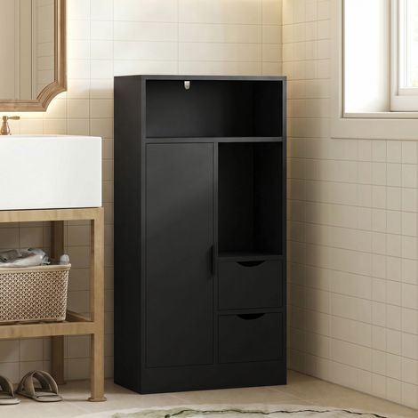Meuble de salle de bain, meuble de rangement étroit avec 2 tiroirs, compartiments ouverts, 50x25x100cm, noir (1/5)