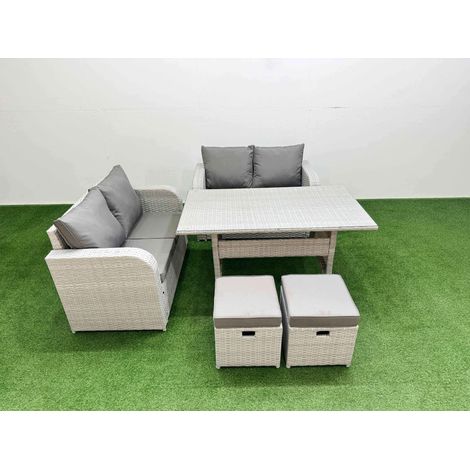 Fimous 6 Seater Outdoor Love Sofa Set Rattan Garden Furniture Set with Rectangular Dining Table 2 Small Stools Light Grey (1/4)