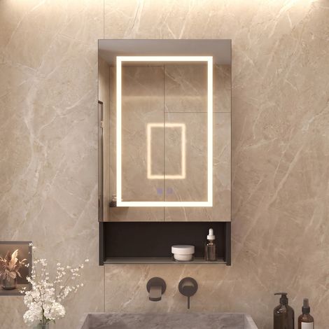 LED-Spiegelschrank fürs Bad 50x88x16 cm - 1 Tür, 3 Lichtfarben, Wandmontage, Anti-Beschlag-Funktion, verstellbare Glasablagen & offenes Fach