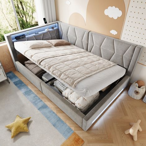 Lit coffre hydraulique, canapé-lit 140x200 cm, lit enfant, LED tête et pied, ports USB/Type-C, sommier à lattes, velours, gris (1/5)
