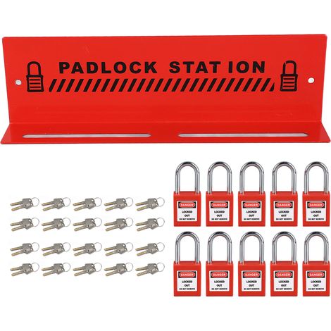 Station de cadenas de sécurité, gestion de rack en acier rouge avec 10 serrures à clé pour verrouillage d'arrêt industriel. (1/5)