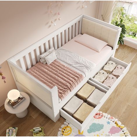 Divano letto in legno bianco 90x190 cm con 2 cassetti e base a doghe inclusa. (1/5)