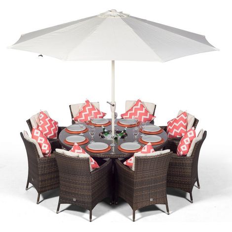 Savannah Round 8 Seater Rattan Dining Set with Ice Bucket Drinks Cooler - Brown (1/5)