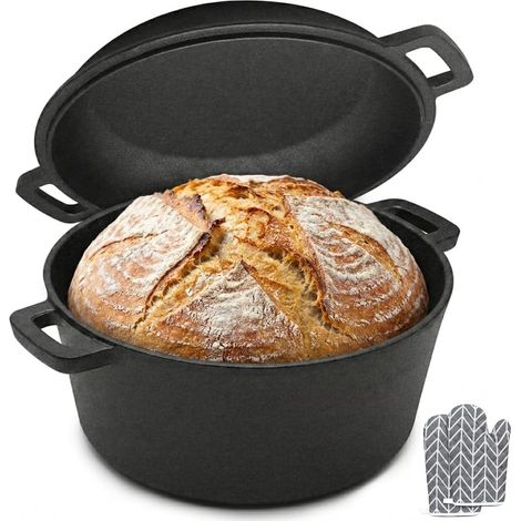 Marmite à pain 2 en 1 en fonte avec couvercle, casserole de 4,7 l + couvercle de 1,5 l, casserole ronde pour la cuisson du pain, braiser et cuire au four, cuisinière à gaz, électrique et à induction (1/5)