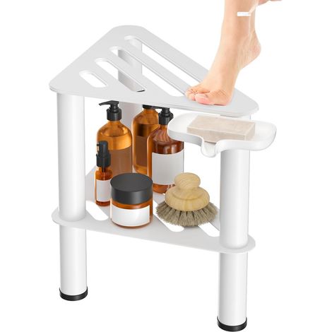 Tabouret de Douche d'angle avec Porte-Savon intégré, antirouille, Repose-Pieds pour se raser sous la Douche, Petit Tabouret avec étagère de Rangement, antidérapant (Blanc) (1/5)