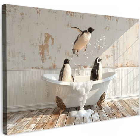CUADRO EN LIENZO Vintage - Pingüino - Bañera - Espuma Cuadros Lienzo 90x60 cm