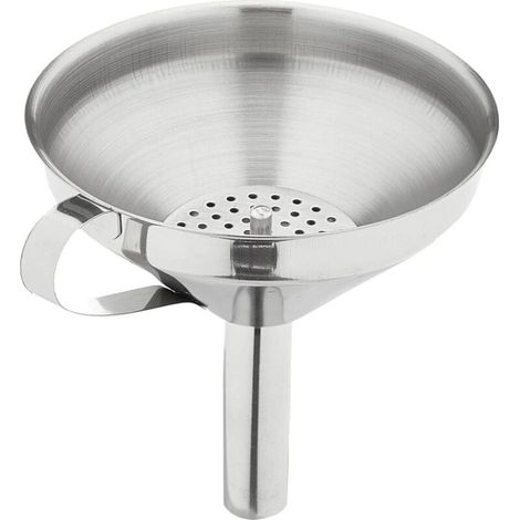 Imbuto in acciaio inox con manico e spazzola per la pulizia, diametro 10 cm, colore argento, imbuto multiuso. (1/4)