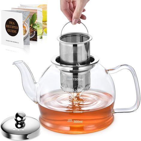 Théière en verre 1,5 l, Théière avec infuseur pour thé en vrac, fleurs de thé, théière anti-gouttes, théière résistante à la chaleur (1/5)