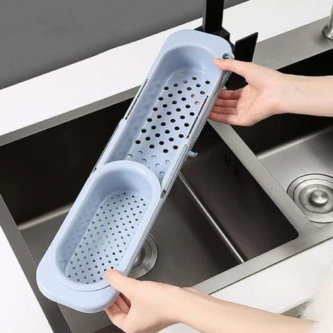 (Blue) Telescopic Sink Drain Rack, Sink Organizer with Towel Bar, Expandable Storage Soap Holder Sponge Drainer Sink Tray for Home Kitchen (1/4)