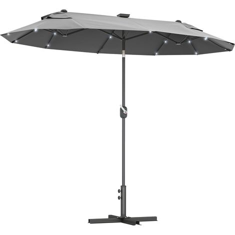 Doppelter Sonnenschirm mit Kreuzfuß, Solarleuchten, 295 x 150 x 219 cm, Grau