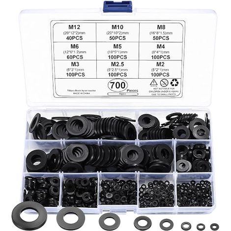 Flat Washers, Nylon Washers, Round Spacers, Brake Washer Insulation Seals Spacer Assortment of Industrial Fasteners - M2/M2.5/M3/M4/M5/M6/M8/M10/M12 (1/5)