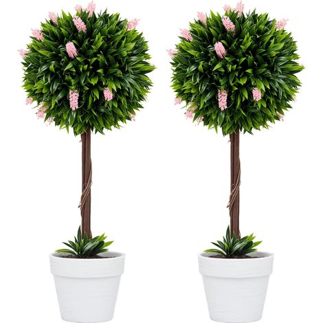 HOMCOM Set of 2 Potted Artificial Plants Ball Tree with Flowers Pink