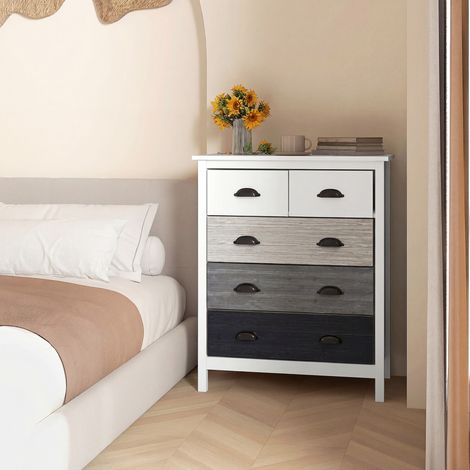 Buffet à 5 tiroirs, finition laquée, panneaux MDF et pin, dimensions 70 x 38 x 85 cm, blanc, meuble de rangement élégant. (1/5)