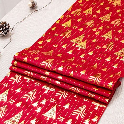 Chemise De Table Noel - Motif Arbre De Noel - 28 X 275 Cm - Rouge - Polyester - Pour Decoration De Table De Fete Familiale Ou Salon