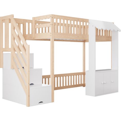Cama alta 90 x 200 cm con escalera de almacenamiento, LED multicolor, color madera, MODENUIT (1/5)