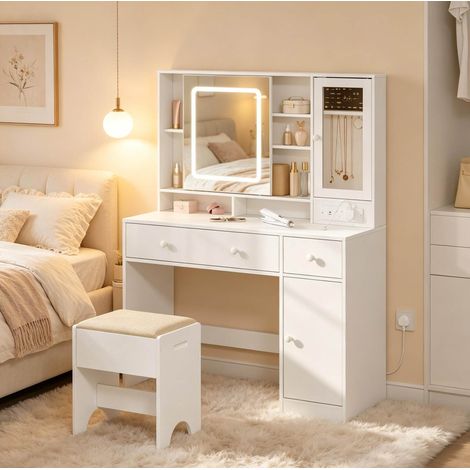Toeletta 108x40x139 cm bianca in legno e vetro con specchio LED, prese integrate e sgabello (1/5)