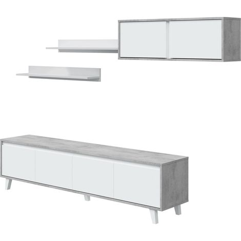 Dmora - Parete attrezzata Kaya, Set da soggiorno, Mobile salotto multiuso, Parete attrezzata moderna, 200x41h50 cm, Cemento e Bianco lucido (1/4)
