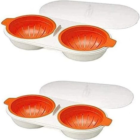 Cocedor de huevos doble, doble compartimento, material PP, rejilla elevada, cesta de filtro extraíble, apto para microondas. (1/5)