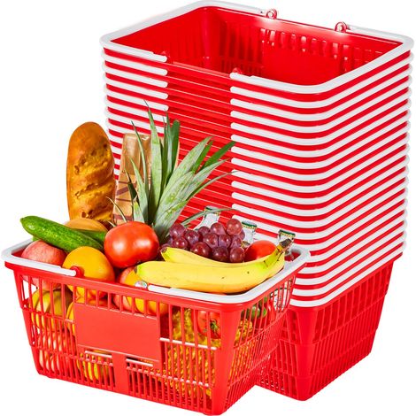Panier de Courses en Plastique 21 L Lot de 20, Panier à Provisions Empilable à Anses pour Courses, Supermarchés, Magasins et Rangement à la Maison, Maillage Dense, Charge Max. 9,07 kg, Rouge (1/5)