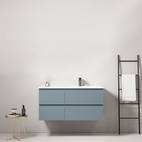Mobile bagno sospeso cannettato 100 cm Blu Avio Lavabo a Destra in Ceramica Senza Specchio - Fiji Paint (1/4)