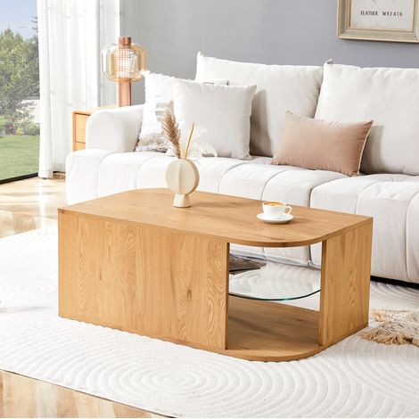 Mesa de centro de 100x60x42 cm con almacenamiento, madera natural y estante de cristal, mesa moderna para salón en espacios reducidos (1/5)