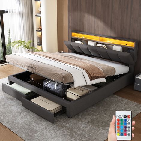 Gepolstertes Boxspringbett 180x200 cm, mit Stauraum-Kopfteil, LED-Beleuchtung, Schubladen, Holzlattenrost, Metallrahmen, Doppelbett aus Leinen - Grau