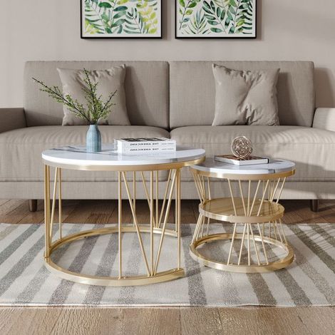 Runde Design-Couchtisch, 70cm Durchmesser, goldfarbenes Metall und weißer Marmor-Imitatplatte, modernes Stil