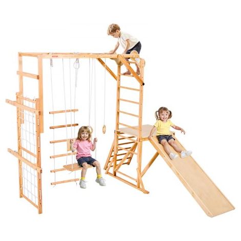 Aire de Jeux Intérieure en Bois 8-en-1, avec Toboggan, Balançoire, Barre de Singe, Anneaux de Gymnastique, Échelle en Bois/Corde, Filet et Barre d'Escalade, Structure de Jeux pour Enfants (1/3)